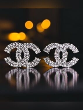 Silver Chanel Crystal CC Logo Earrings